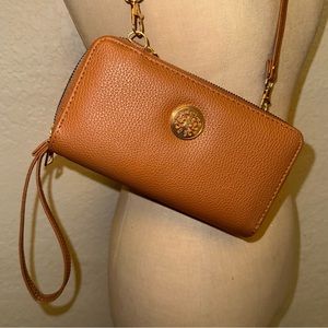 REBECCA RIFKA LEATHER DOUBLE ZIPPER SAFFIANO COGNAC LADIES WALLET PURSE WRISTLET